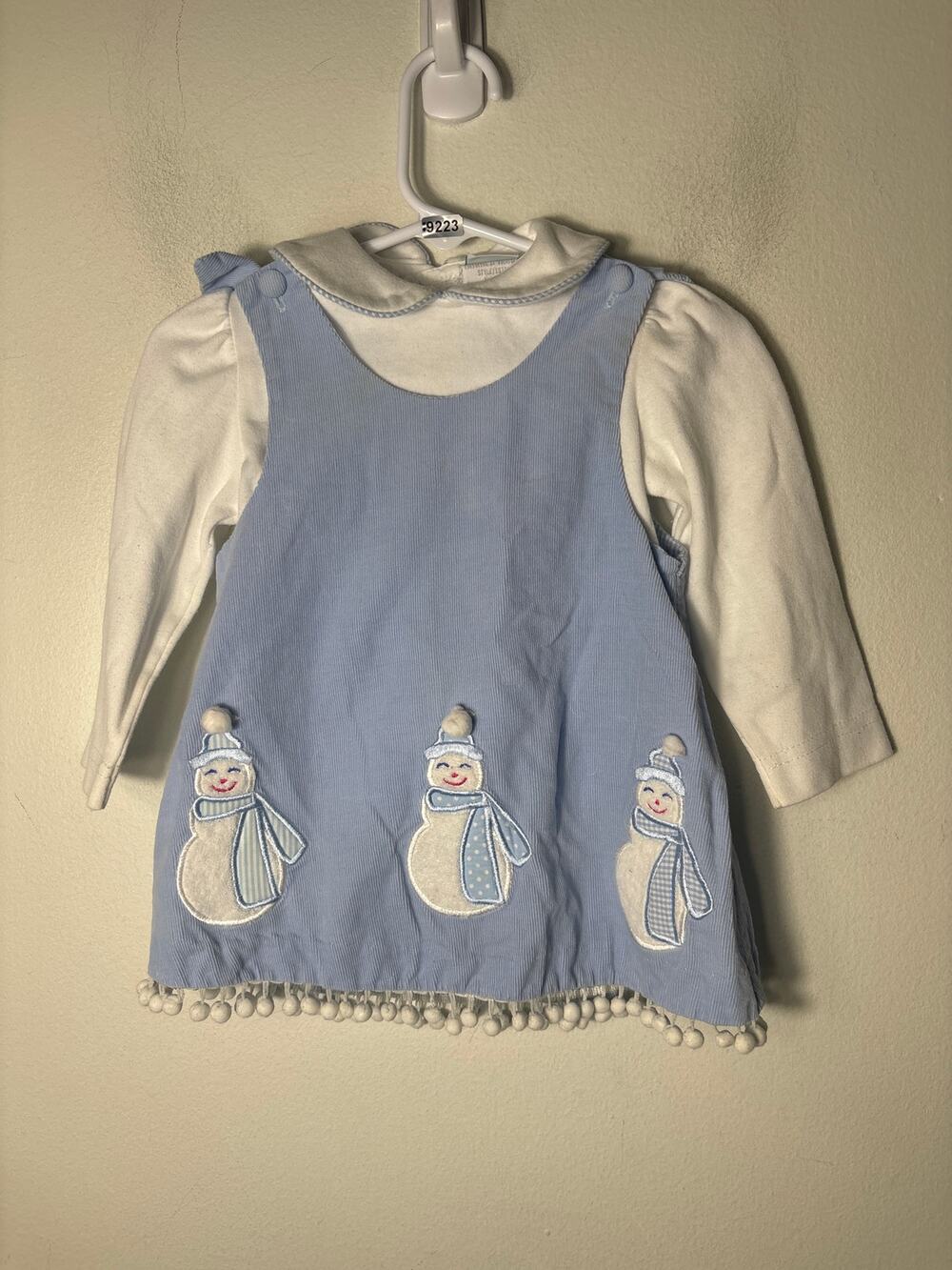 GIrls Vintage PeachesNCream Blue Coduroy Top,Pants&Blouse Set w/ Snowmen Sz 12m